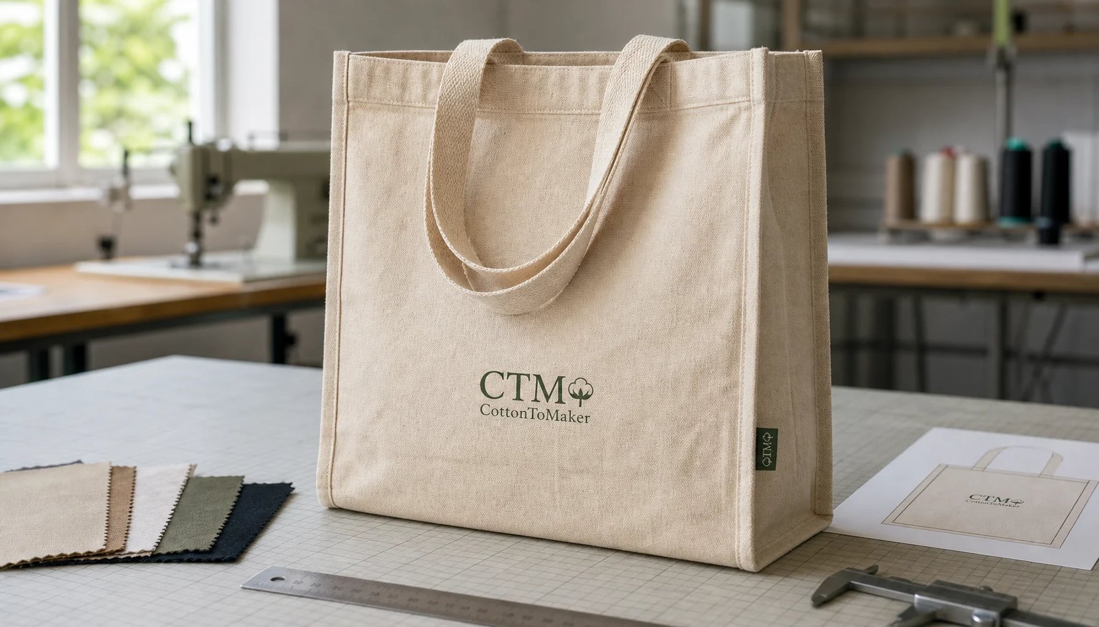 Natural canvas grocery tote with printed CTM sample logo, fabric swatches, and proofing tools in a factory sample room