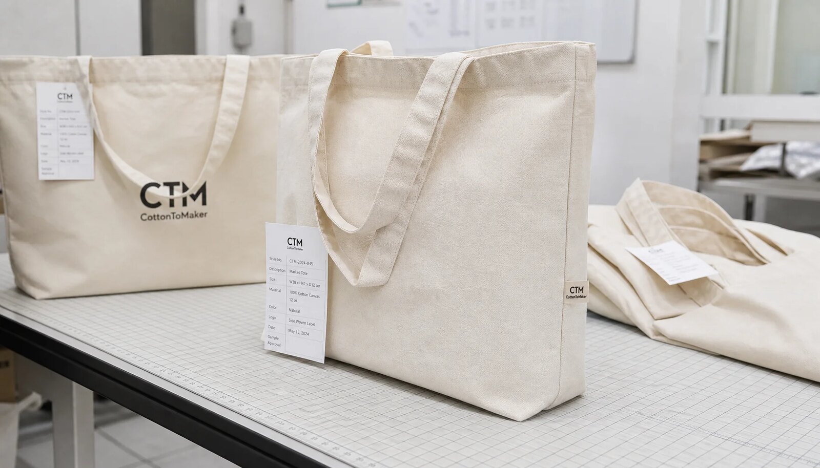 Canvas grocery tote sample bags in a factory room with a small CTM logo label and printed logo