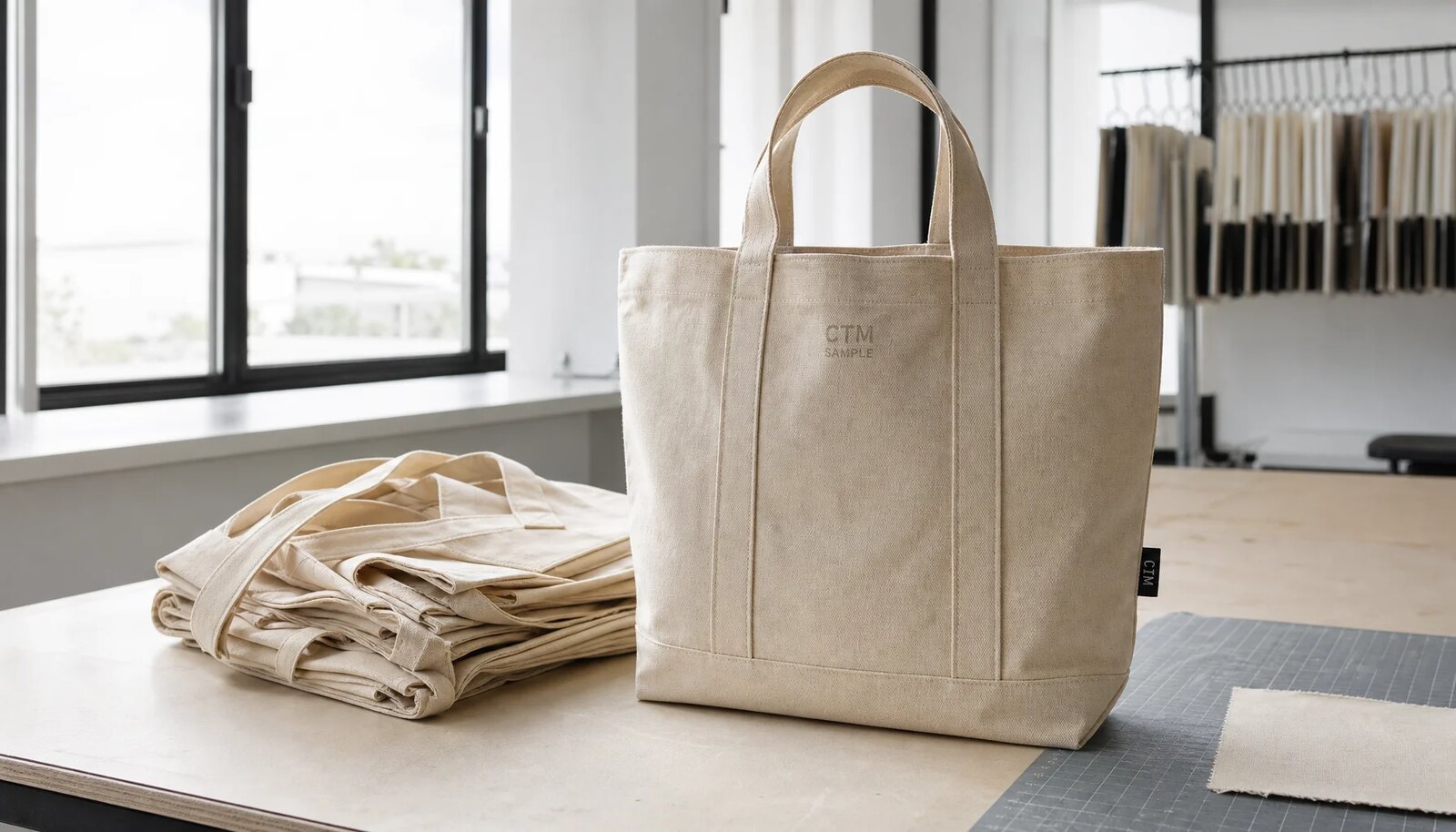 Natural canvas grocery tote with reinforced handles and printed sample logo in a factory sample room