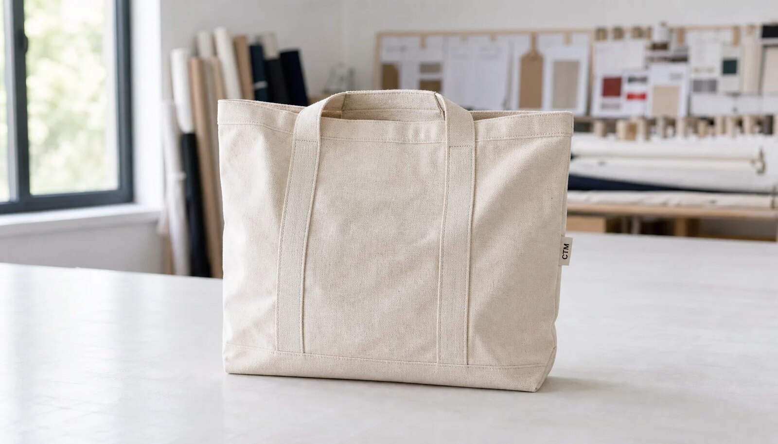 Photorealistic canvas grocery tote sample in a clean factory sample room with a small CTM logo label and reinforced handles.