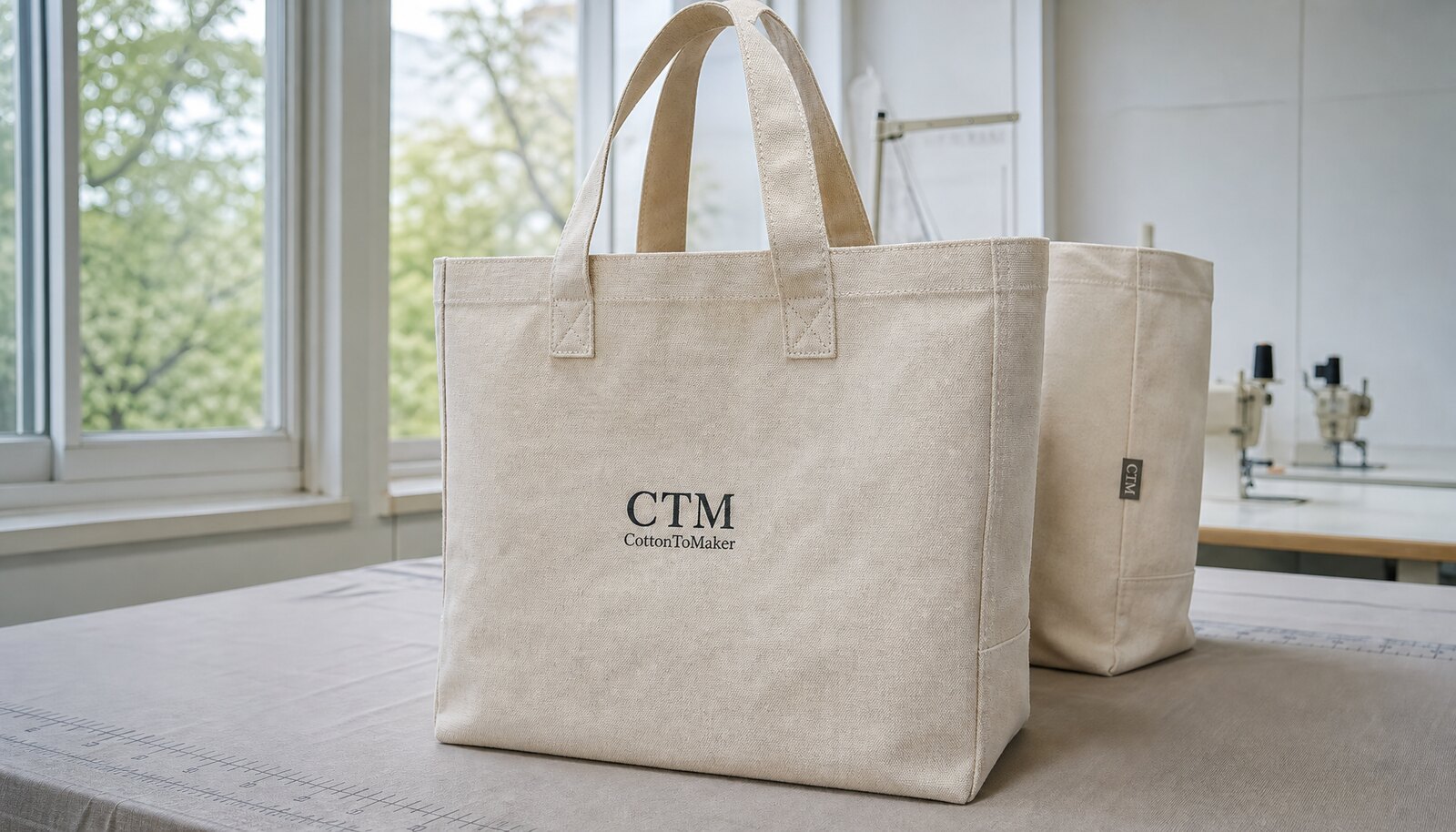 Canvas grocery tote in a factory sample room with a small CTM CottonToMaker logo printed on the front and visible stitching details