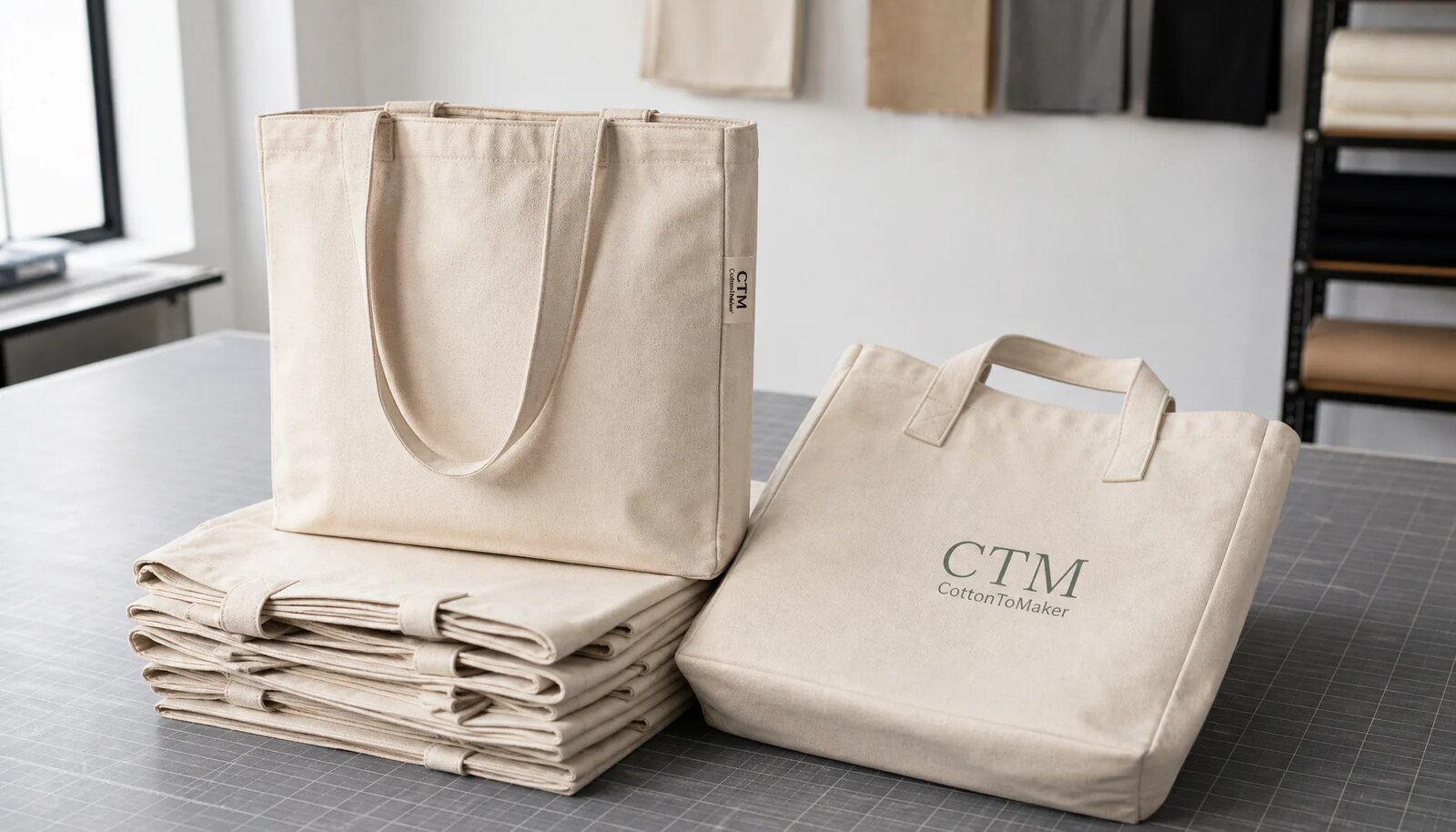 Natural canvas grocery totes with a small CTM CottonToMaker side label in a factory sample room