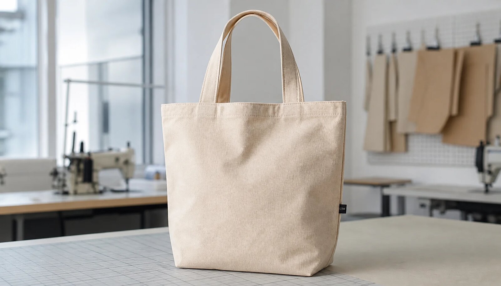 Natural canvas grocery tote with reinforced handles and small CTM sample logo in a clean factory sample room