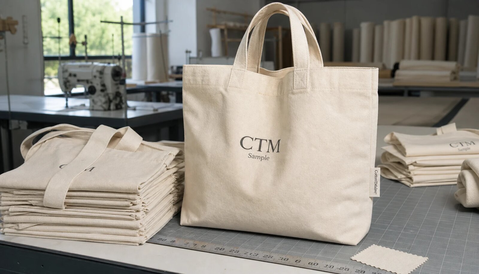 Natural canvas grocery tote sample with CTM logo in a factory sample room