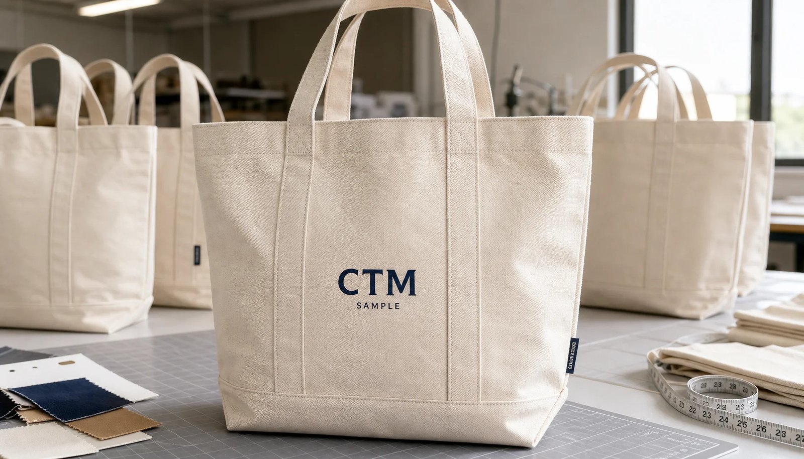 Natural canvas grocery totes with CTM sample logo on a factory sample table