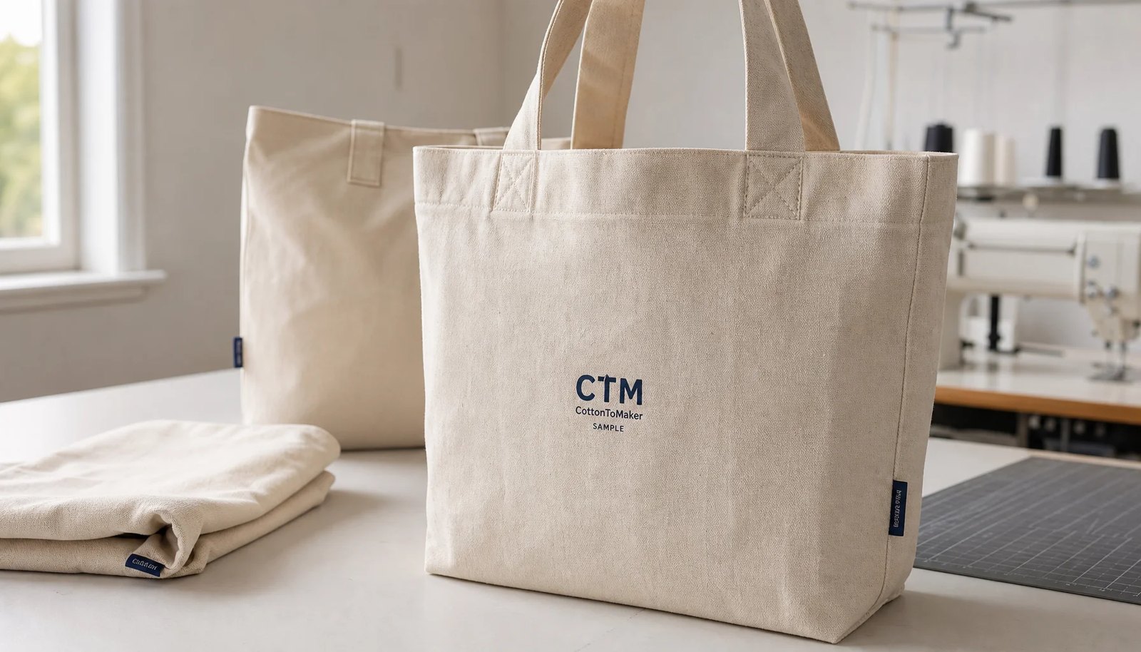 Natural cotton canvas grocery tote sample with reinforced handles and CTM CottonToMaker logo for university bookstore durability review