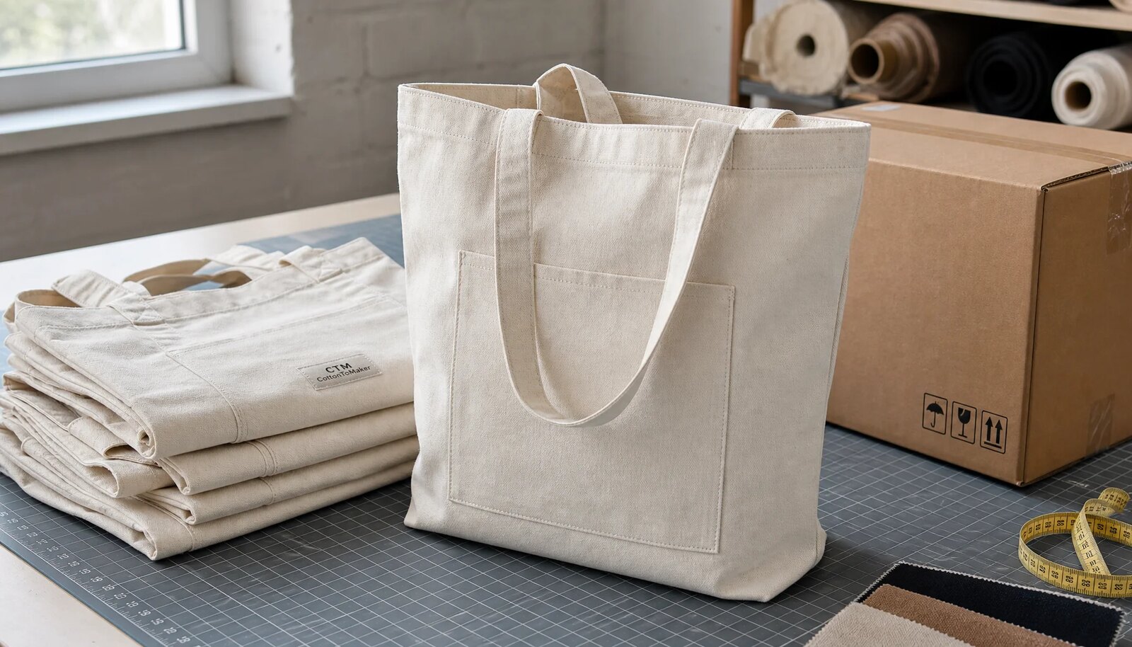 Canvas grocery totes with a simple CTM sample logo in a factory sample room
