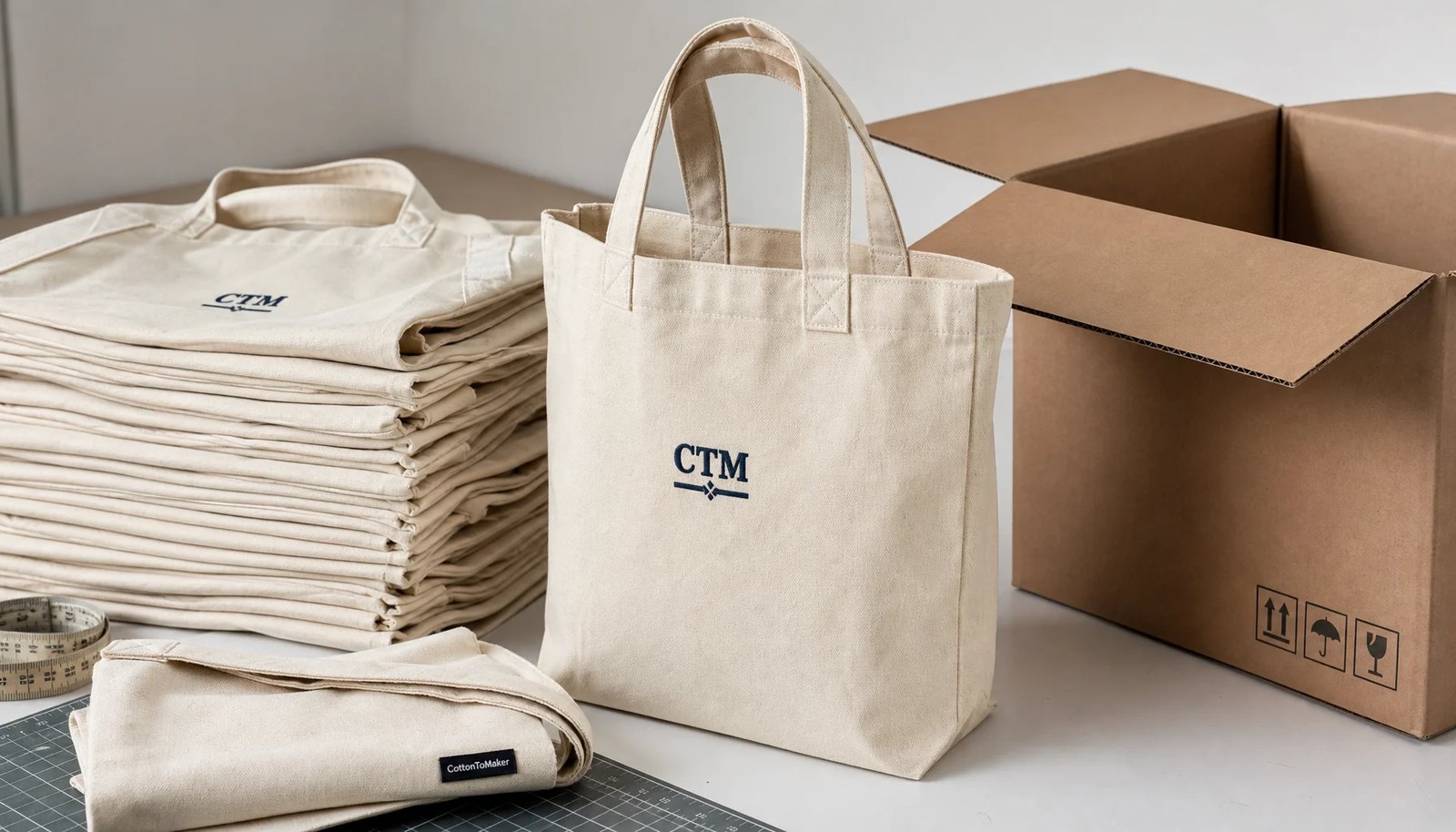 Natural canvas grocery tote with CTM sample logo packed beside an export carton for university bookstore orders
