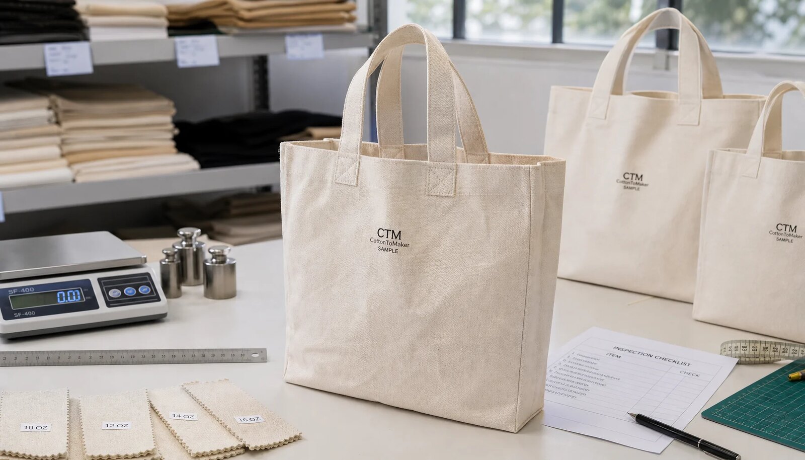 Natural canvas grocery totes with CTM CottonToMaker sample logo, reinforced handles, boxed bottom, ruler, weights, and inspection checklist
