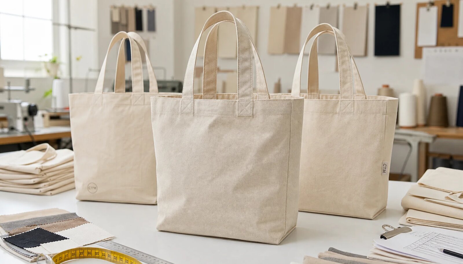 Natural canvas grocery totes with CTM sample logo, fabric swatches, and inspection tools in a factory sample room