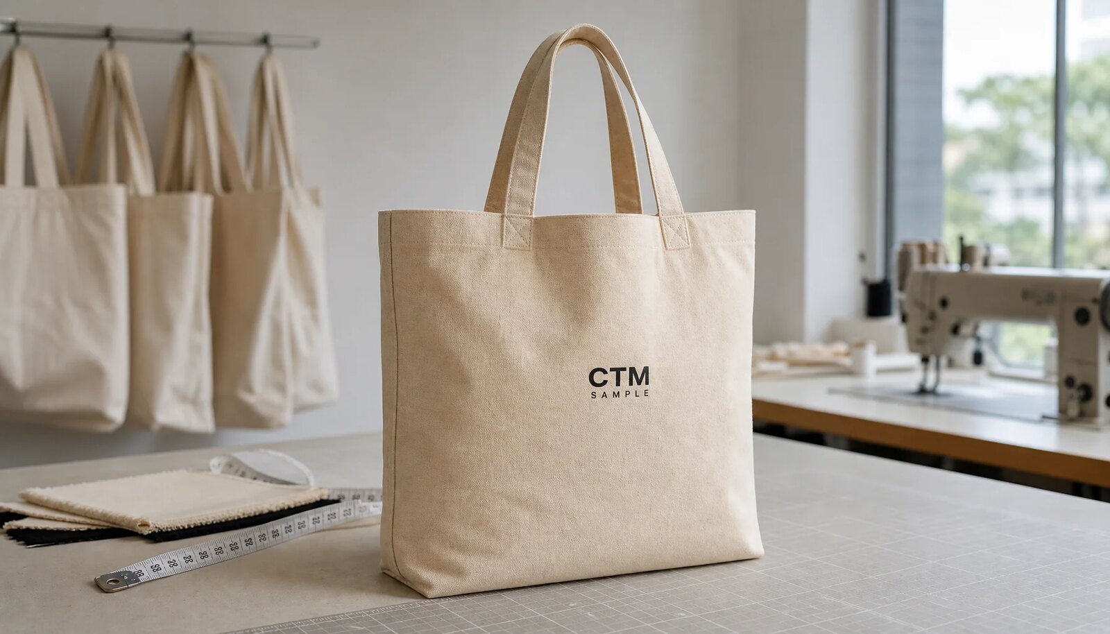 Natural canvas grocery tote sample with CTM logo in a clean factory sample room