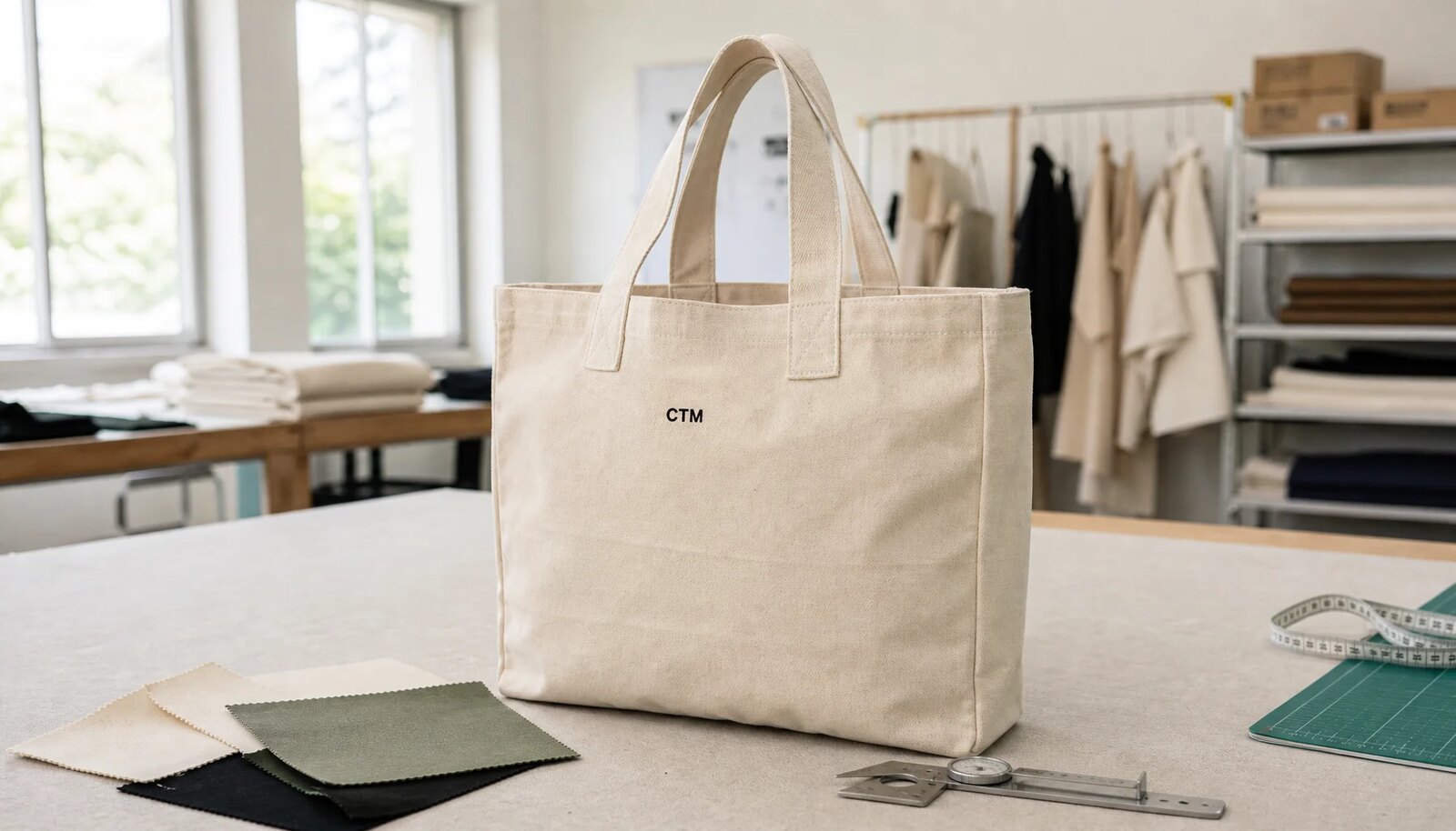 Canvas grocery tote sample with CTM logo in a factory sample room showing stitching and reinforced handles