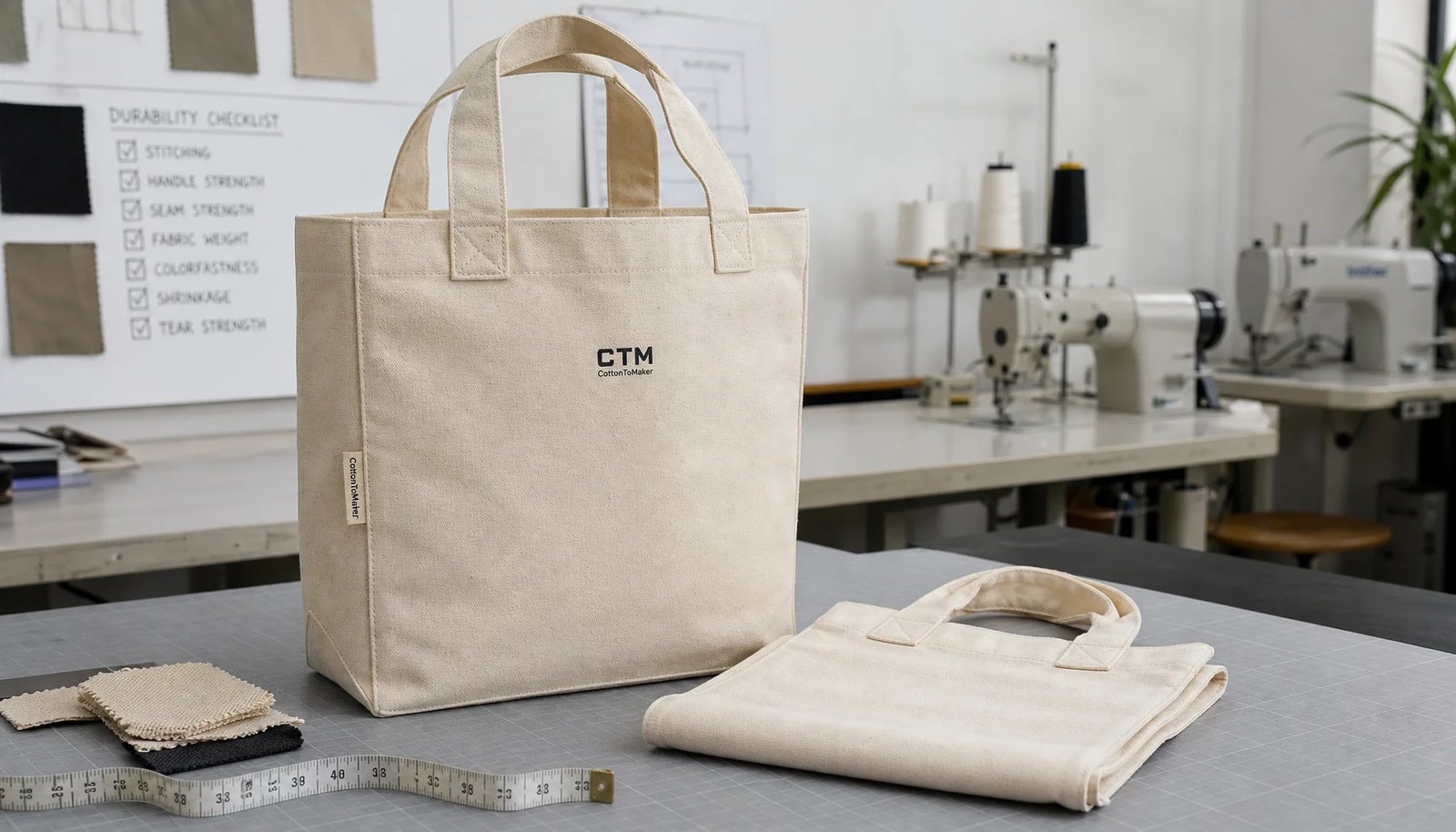 Canvas grocery tote samples with CTM logo in a factory sample room for durability inspection