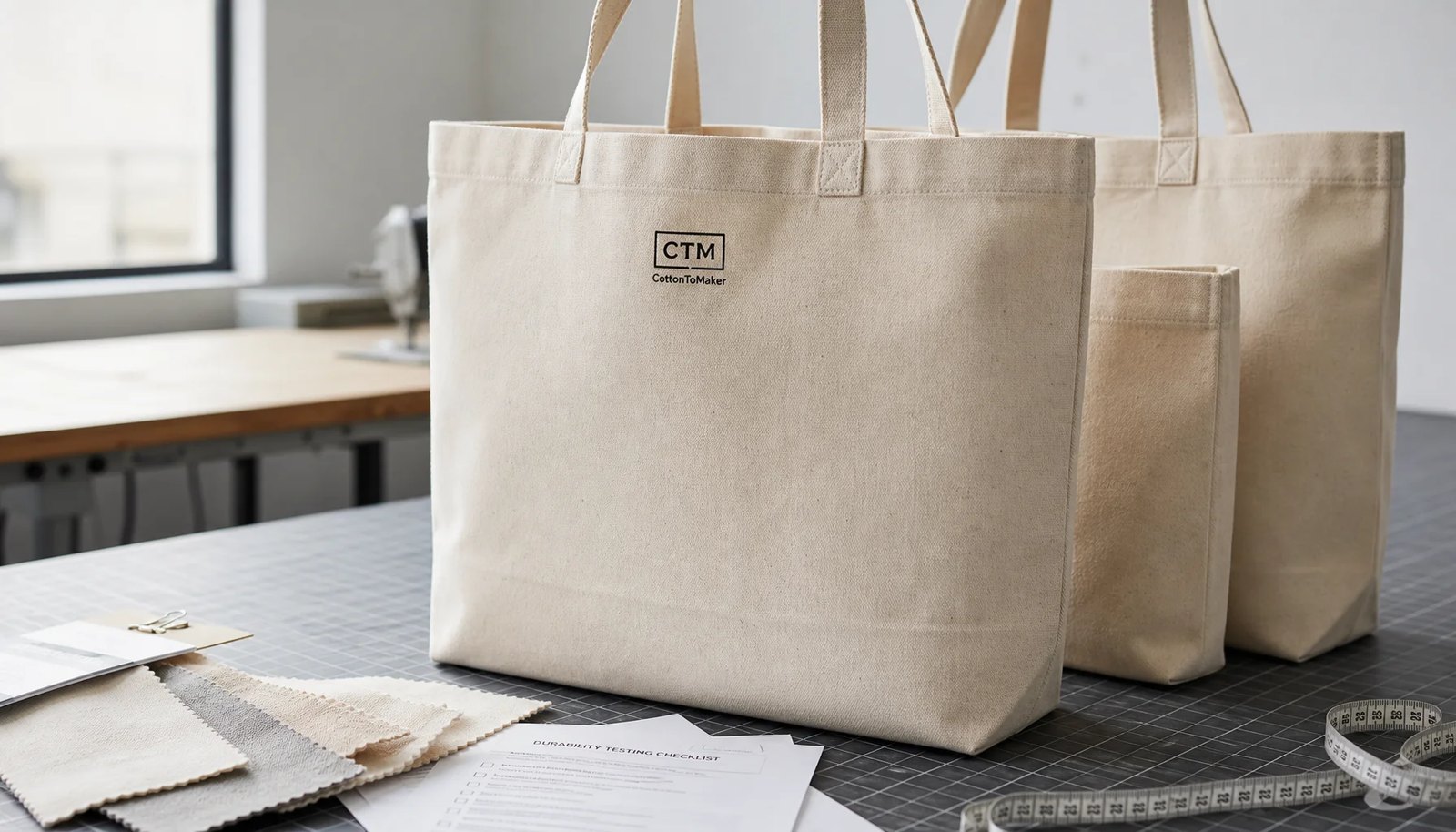 Natural canvas grocery tote sample with CTM CottonToMaker logo in a factory sample room for durability checking