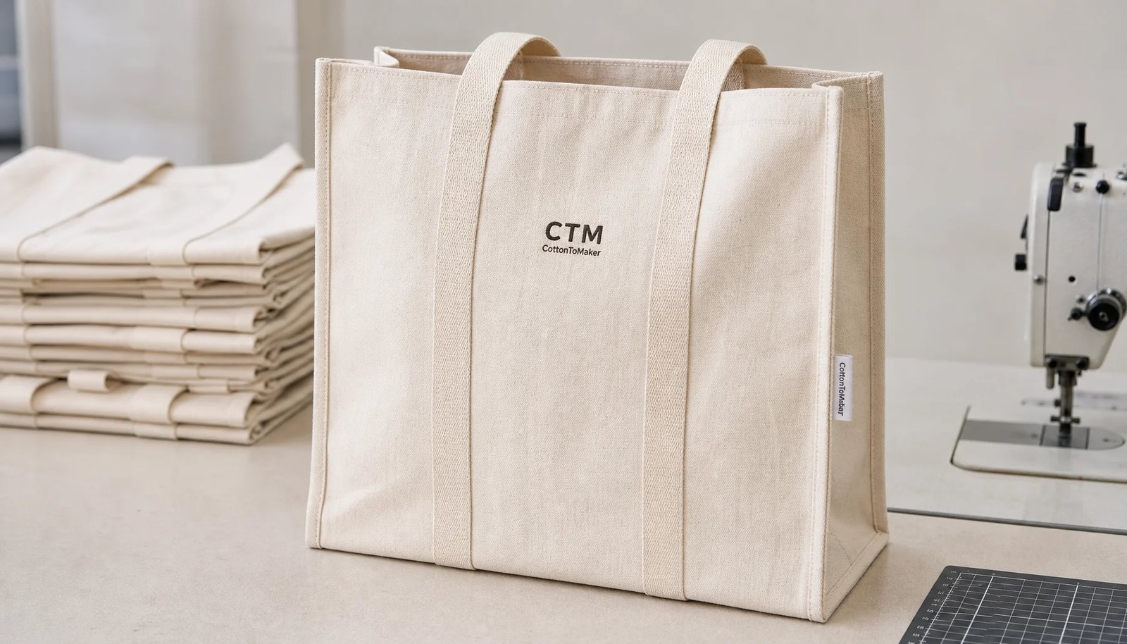 Natural canvas grocery tote sample with CTM logo and side label in a clean sample room