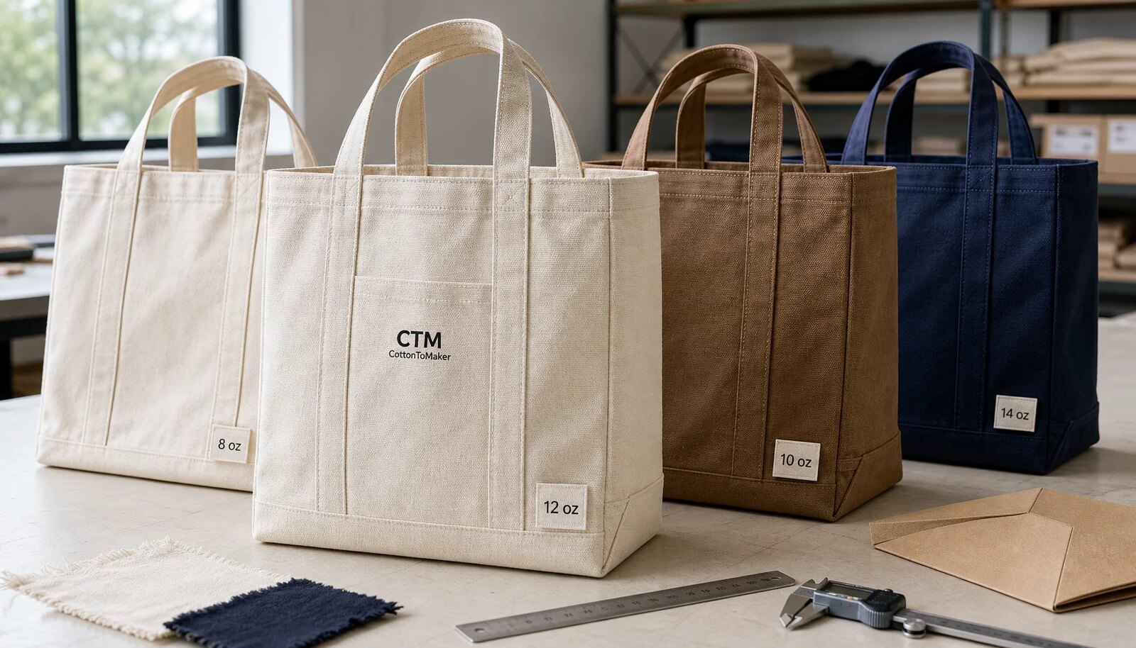 Canvas grocery tote samples with fabric weight swatches, reinforced handles, and CottonToMaker logo for coffee roaster sourcing.