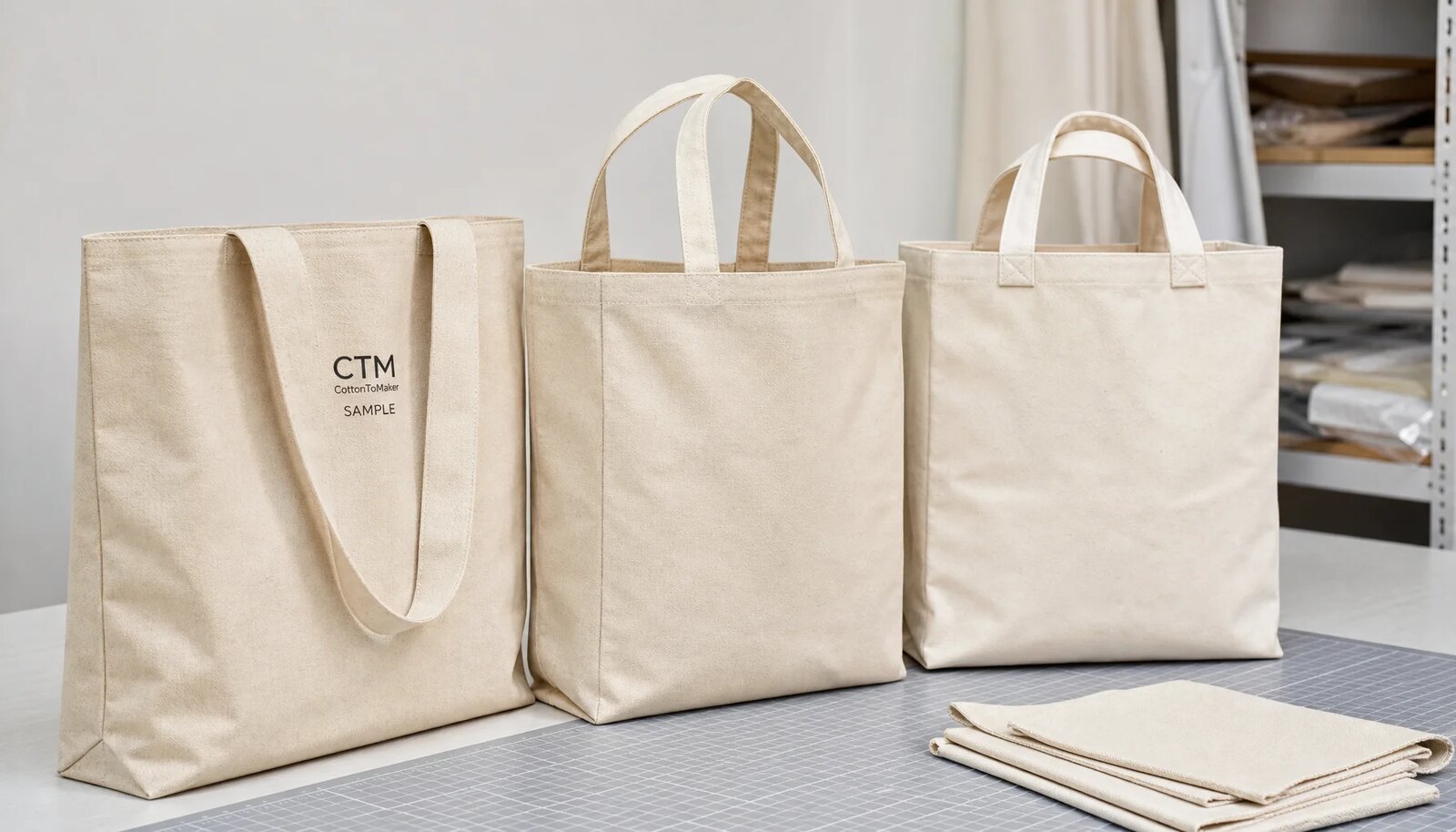 Canvas grocery tote samples with CottonToMaker logo showing different fabric weights for craft fair buying decisions