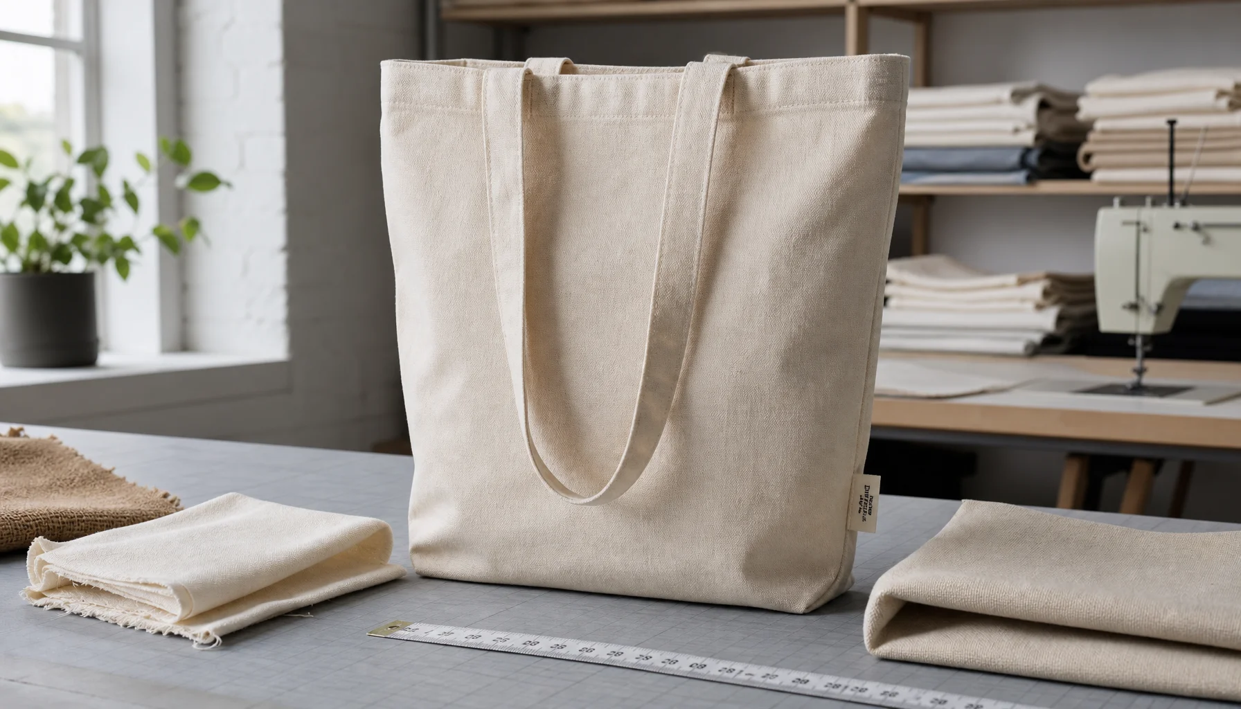 Canvas grocery tote bag samples in different fabric weights with CTM sample branding in a factory sample room