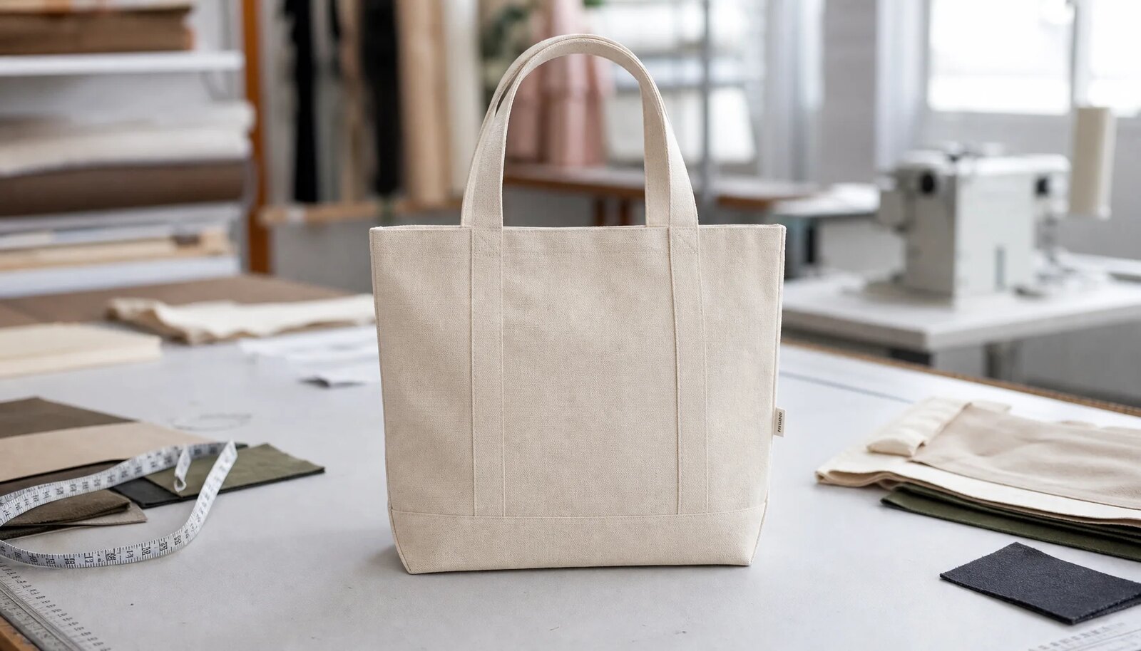 Natural canvas grocery tote with CTM sample logo in a clean factory sample room