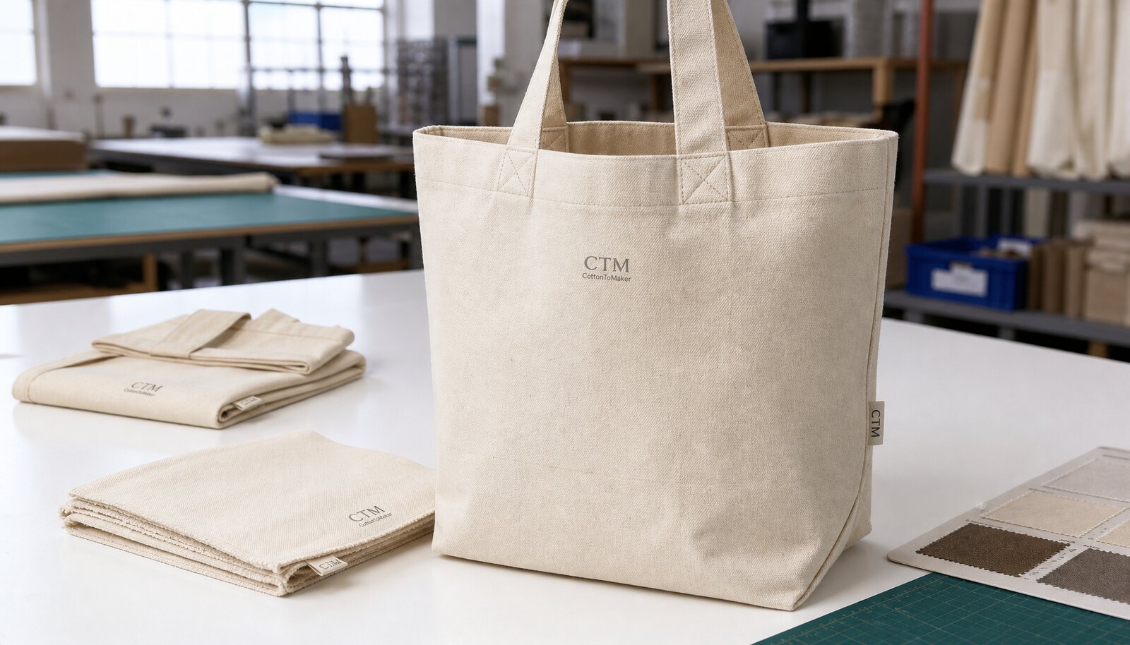 Natural canvas grocery tote with reinforced handles and boxed bottom in a factory sample room
