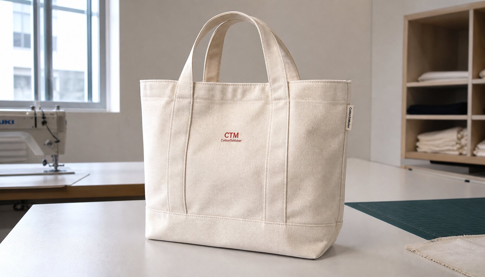 Photorealistic canvas grocery tote with a simple CTM / CottonToMaker sample logo and woven side label in a factory sample room