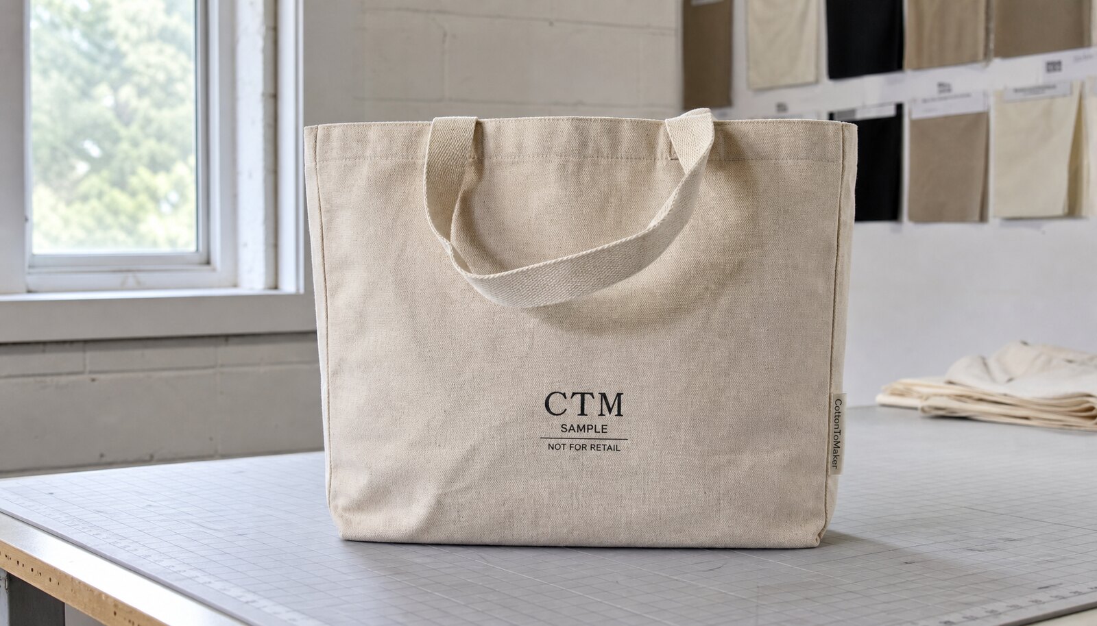 Photorealistic canvas grocery tote sample with a CTM logo printed on the bag in a factory sample room