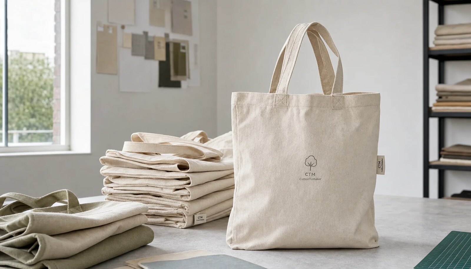 Natural canvas grocery tote with CTM CottonToMaker side label showing reinforced handles and printed logo sample