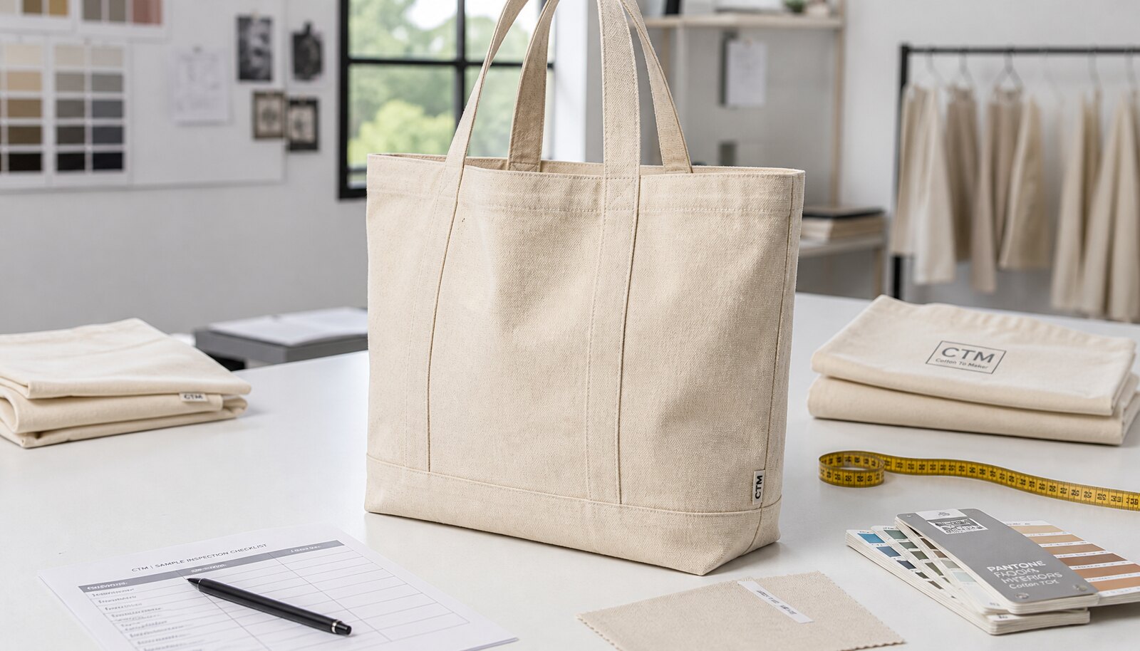Natural canvas grocery tote sample with CTM CottonToMaker label, fabric swatches, Pantone cards, and measuring tape in a sample room.