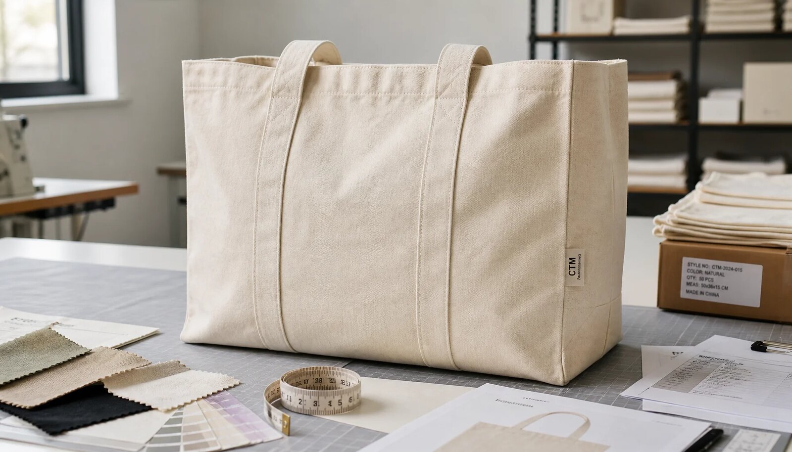 Natural canvas grocery tote with CTM sample logo, fabric swatches, and production notes in a factory sample room