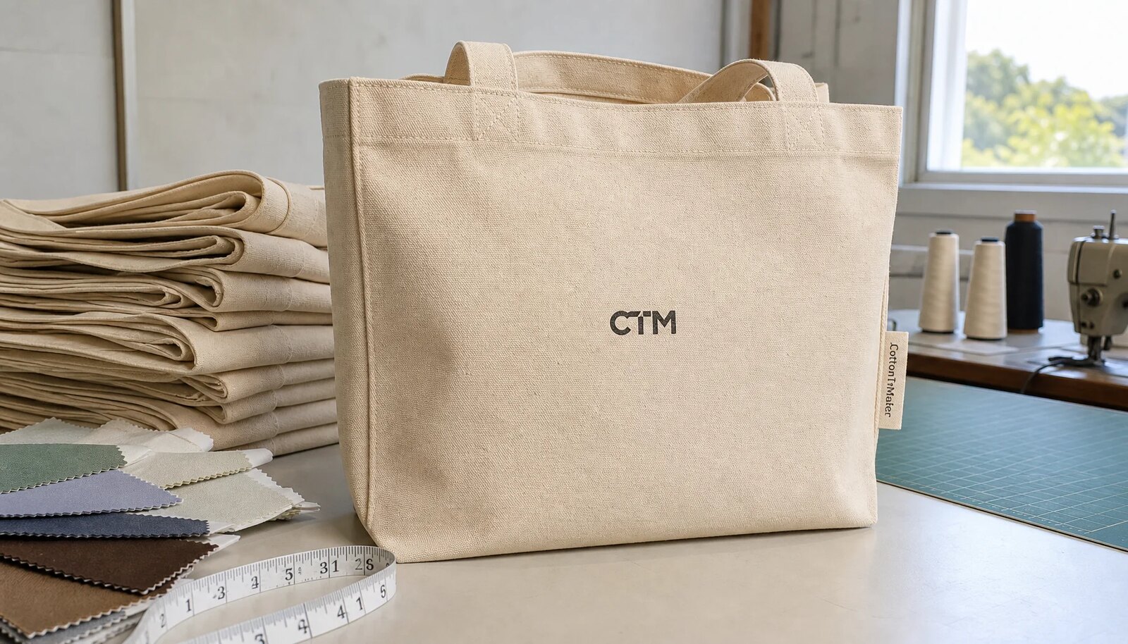 Natural canvas grocery totes with a simple CTM logo, shown in a clean factory sample room for material review.