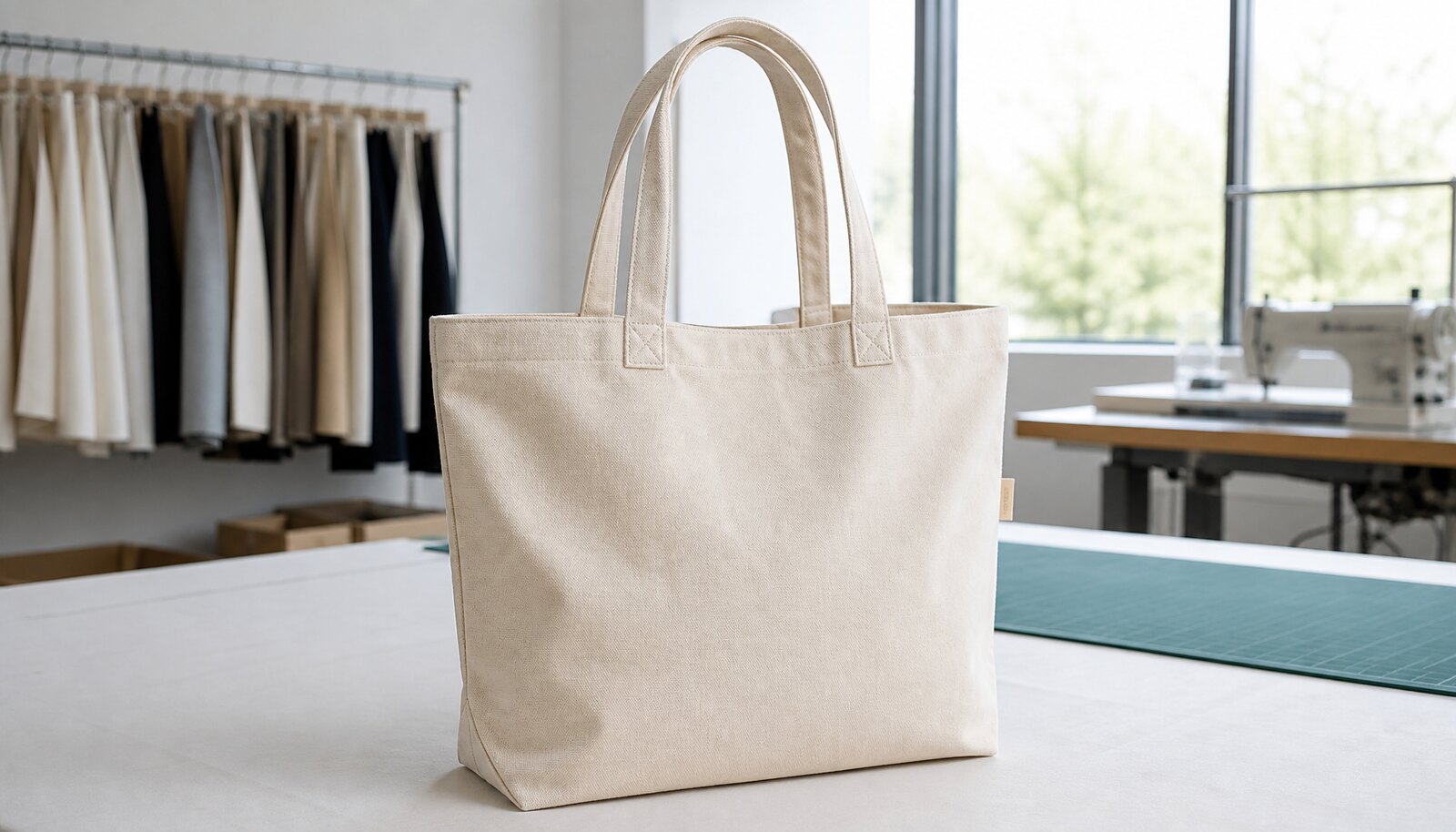 Natural canvas grocery tote with a CTM sample label in a factory sample room