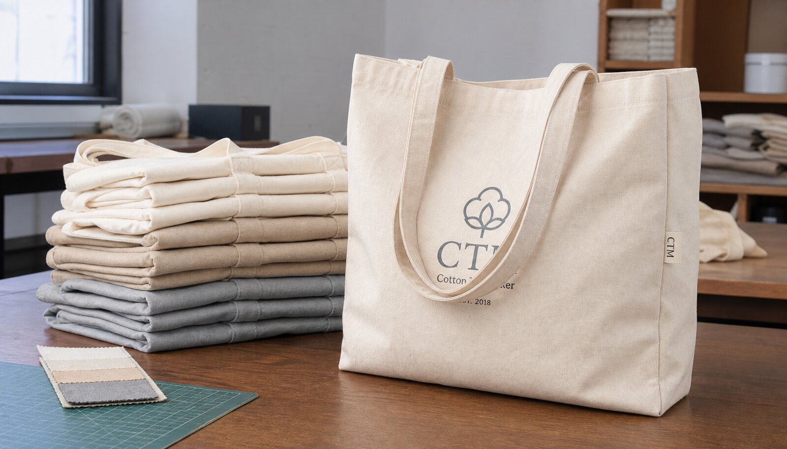 Canvas grocery totes in a factory sample room with a simple CTM CottonToMaker logo printed on the bag