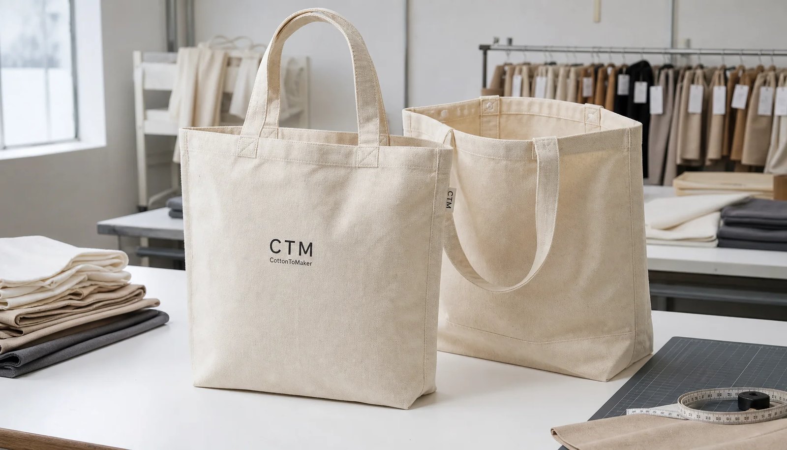 Natural canvas grocery tote with CTM sample logo in a factory sample room
