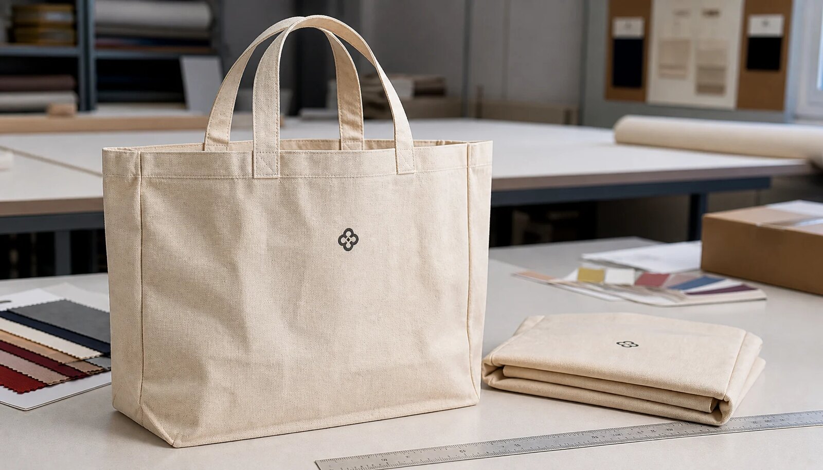 Natural canvas grocery tote sample with reinforced handles and CTM logo in a factory sample room