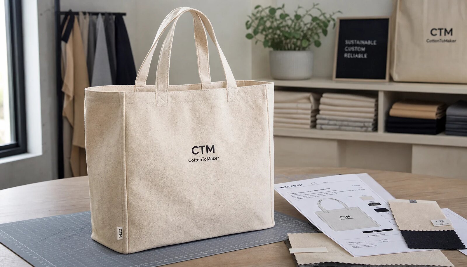 Natural canvas grocery tote with CTM sample logo and print proof sheets on a studio sample table