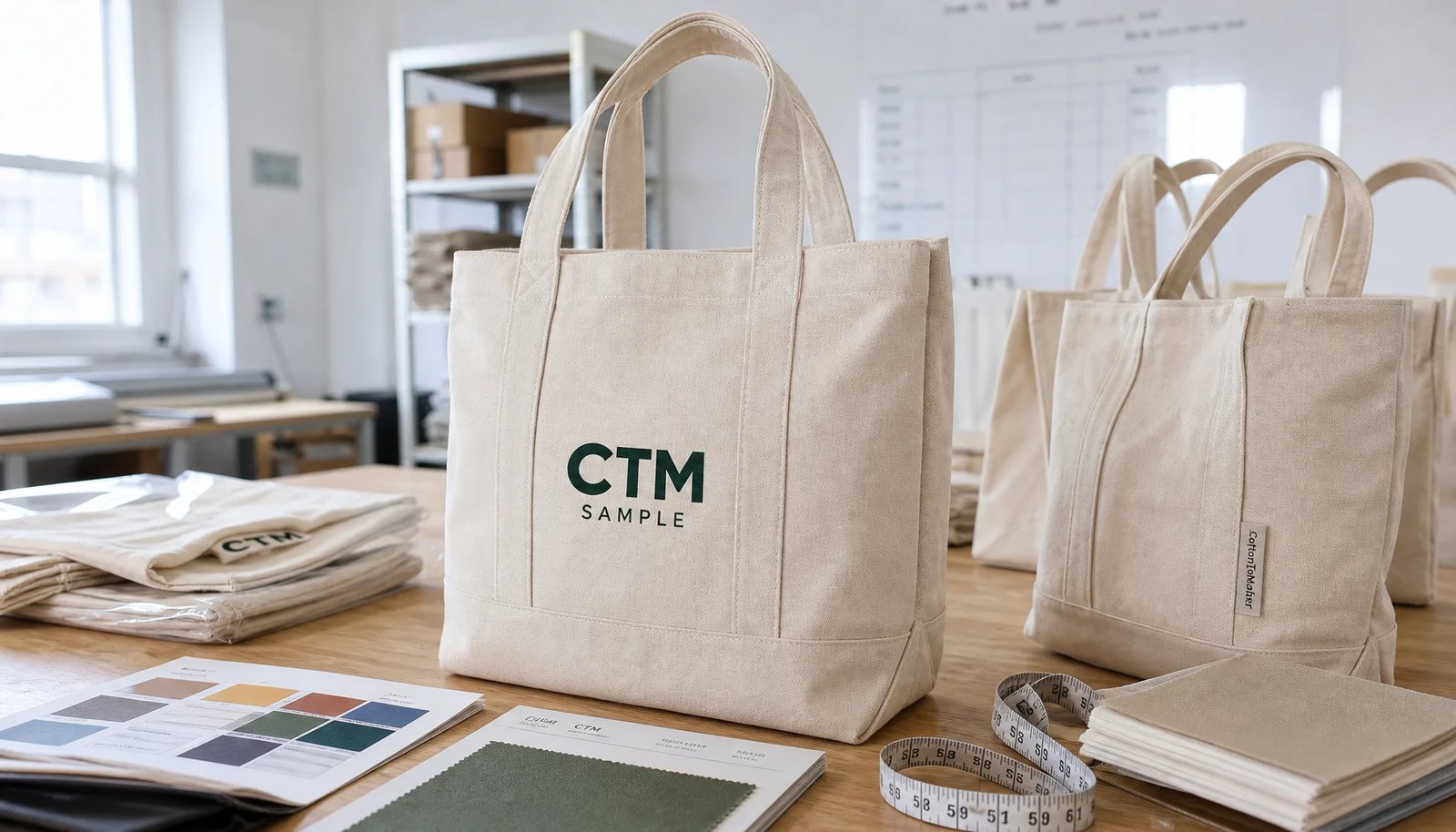 Natural canvas grocery totes with CTM sample logo on a factory sample room inspection table