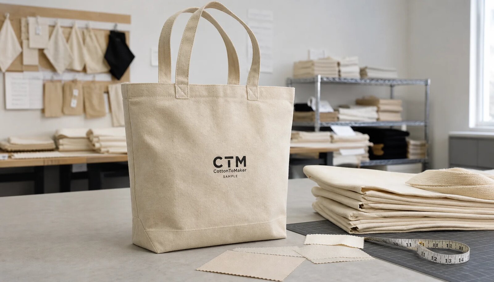 Natural canvas grocery tote sample with CTM CottonToMaker logo in a clean studio