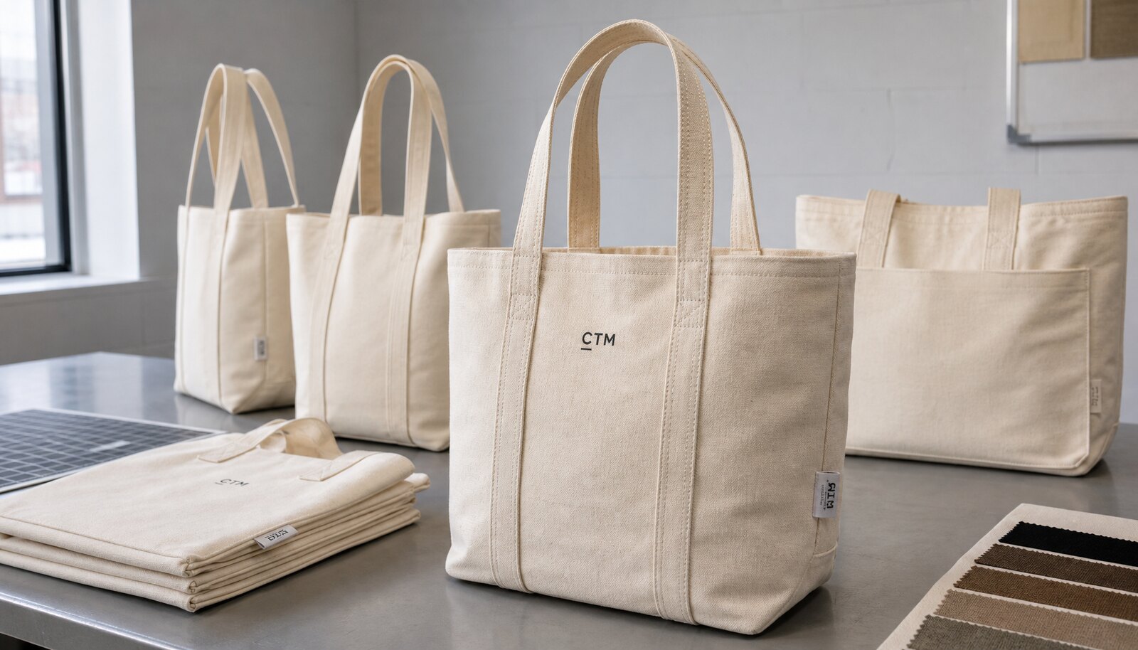 Canvas grocery totes with a small CTM logo printed on a sample bag in a factory sample room.