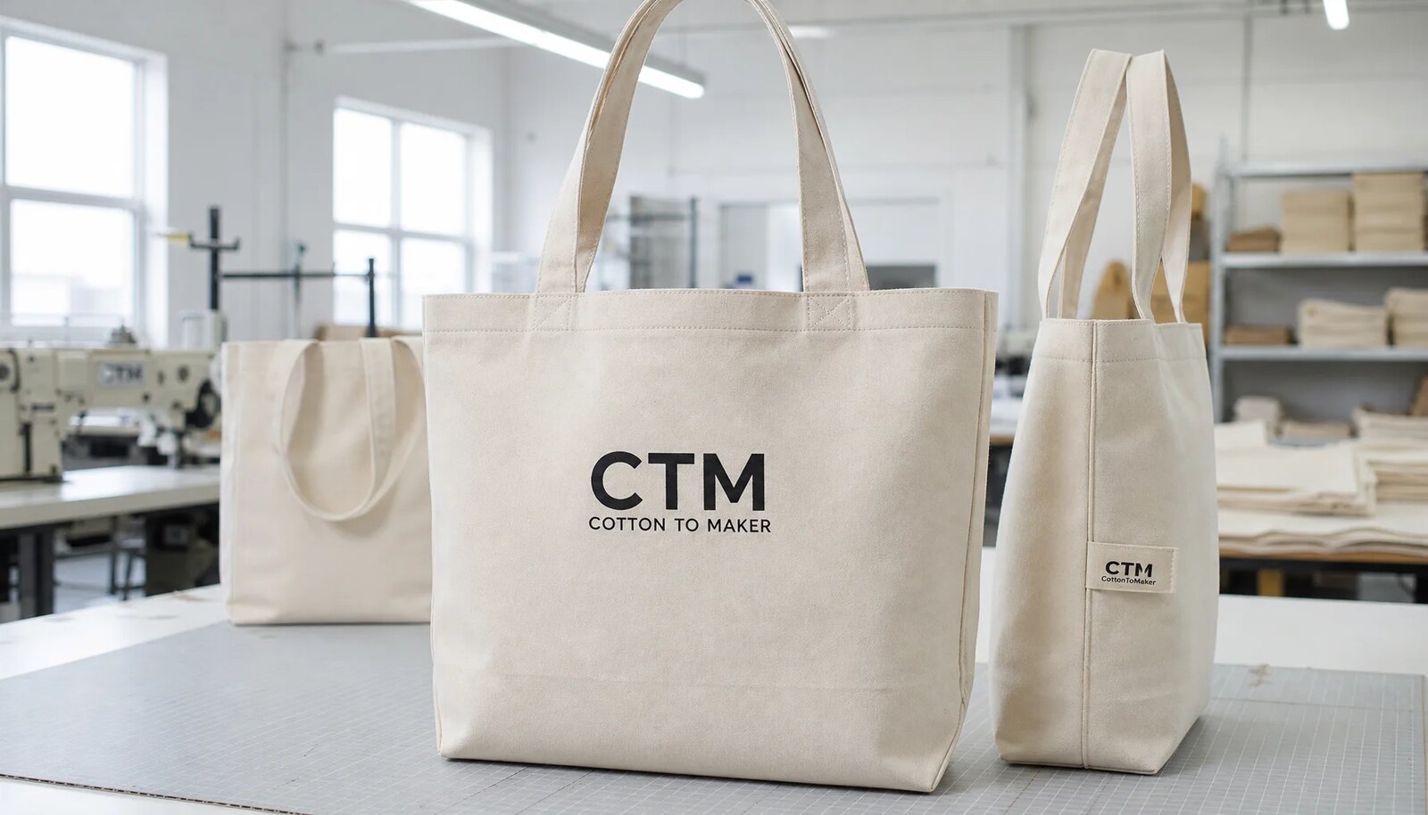 Canvas grocery totes in a factory sample room with a simple CTM logo printed on the bag