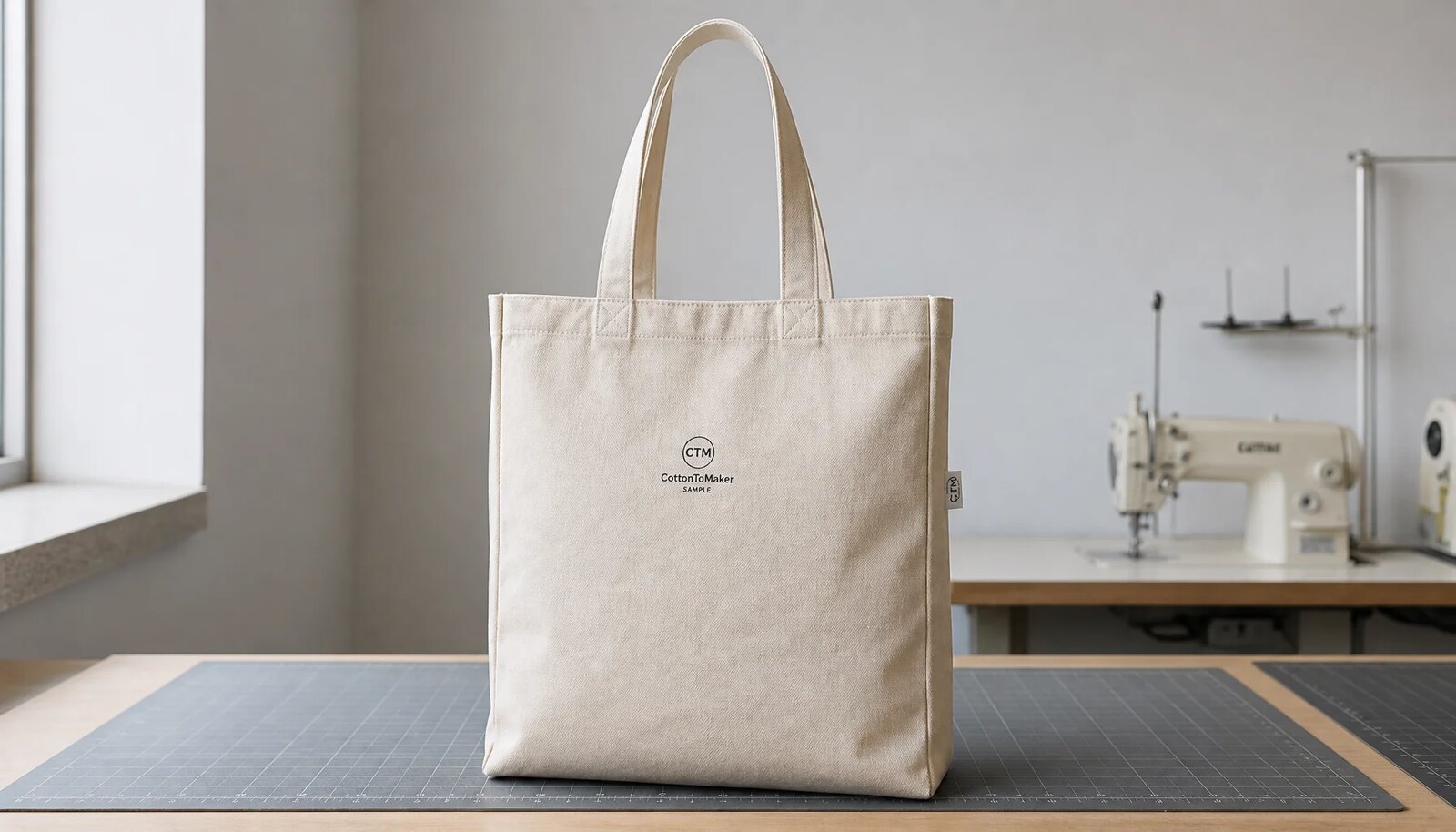 Natural canvas grocery tote with a small CTM sample logo shown in a clean factory sample room