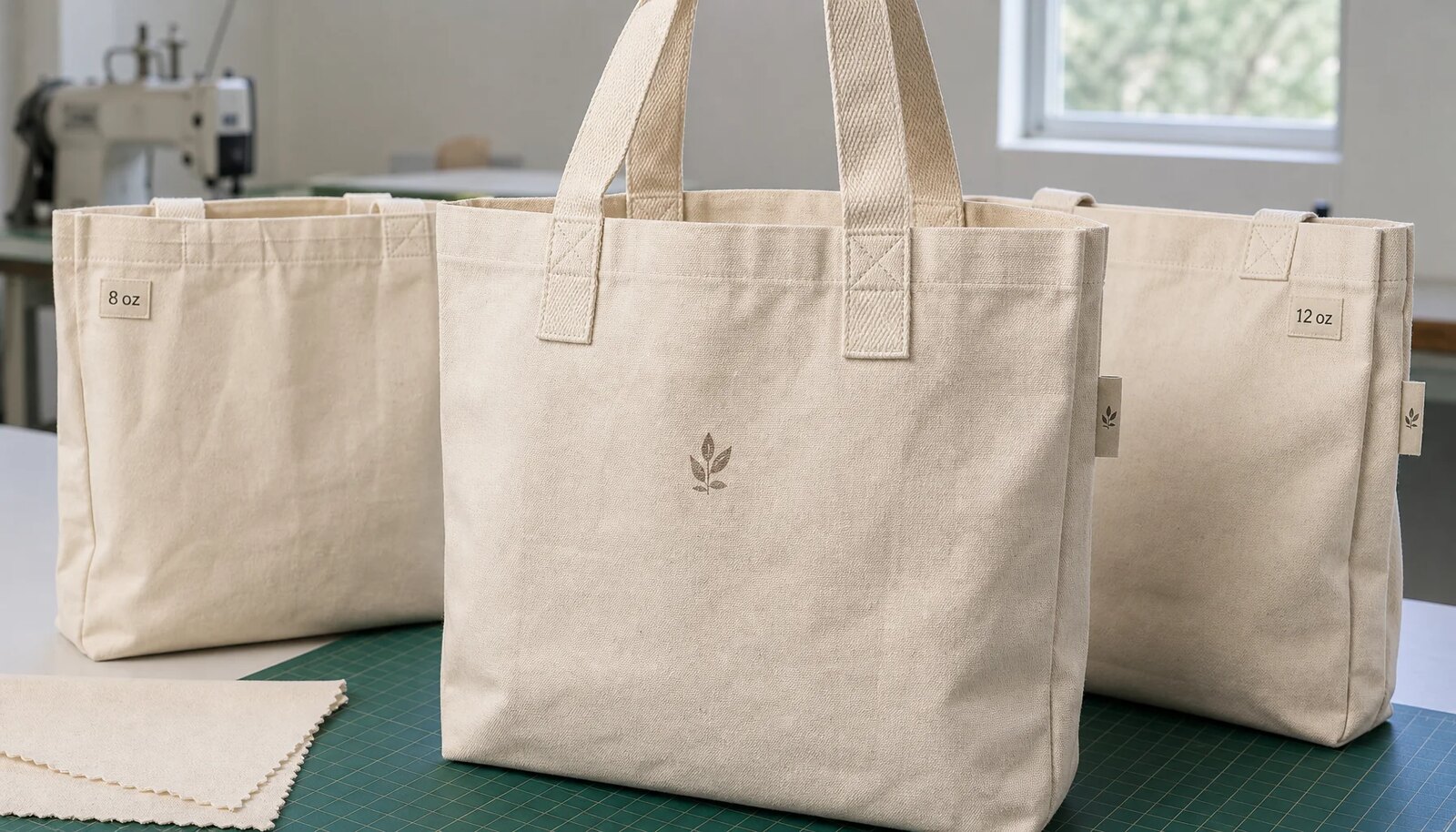 Natural canvas grocery tote samples with reinforced handles and screen printed logo in a factory sample room