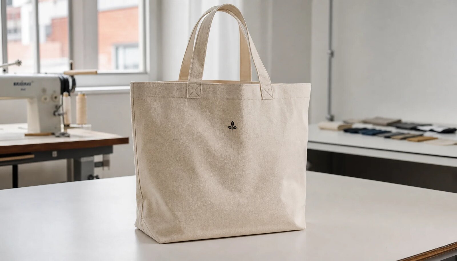 Natural canvas grocery tote with reinforced handles and a CTM sample logo in a factory sample room