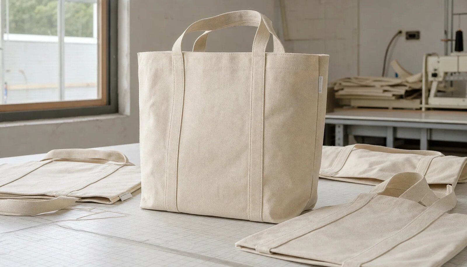 Natural canvas grocery tote with reinforced handles in a clean factory sample room