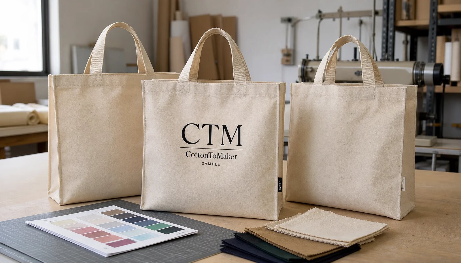 Natural canvas grocery totes with CTM sample logo print in a factory sample room