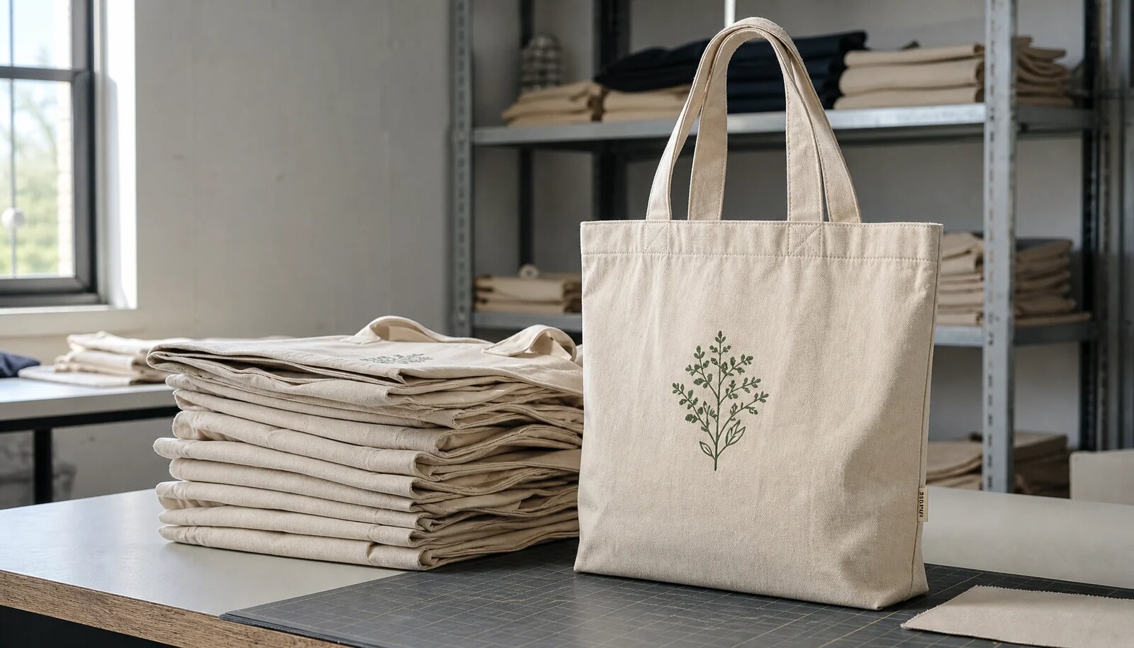 Natural canvas grocery totes in a factory sample room with a small CTM/CottonToMaker side label and visible stitching detail