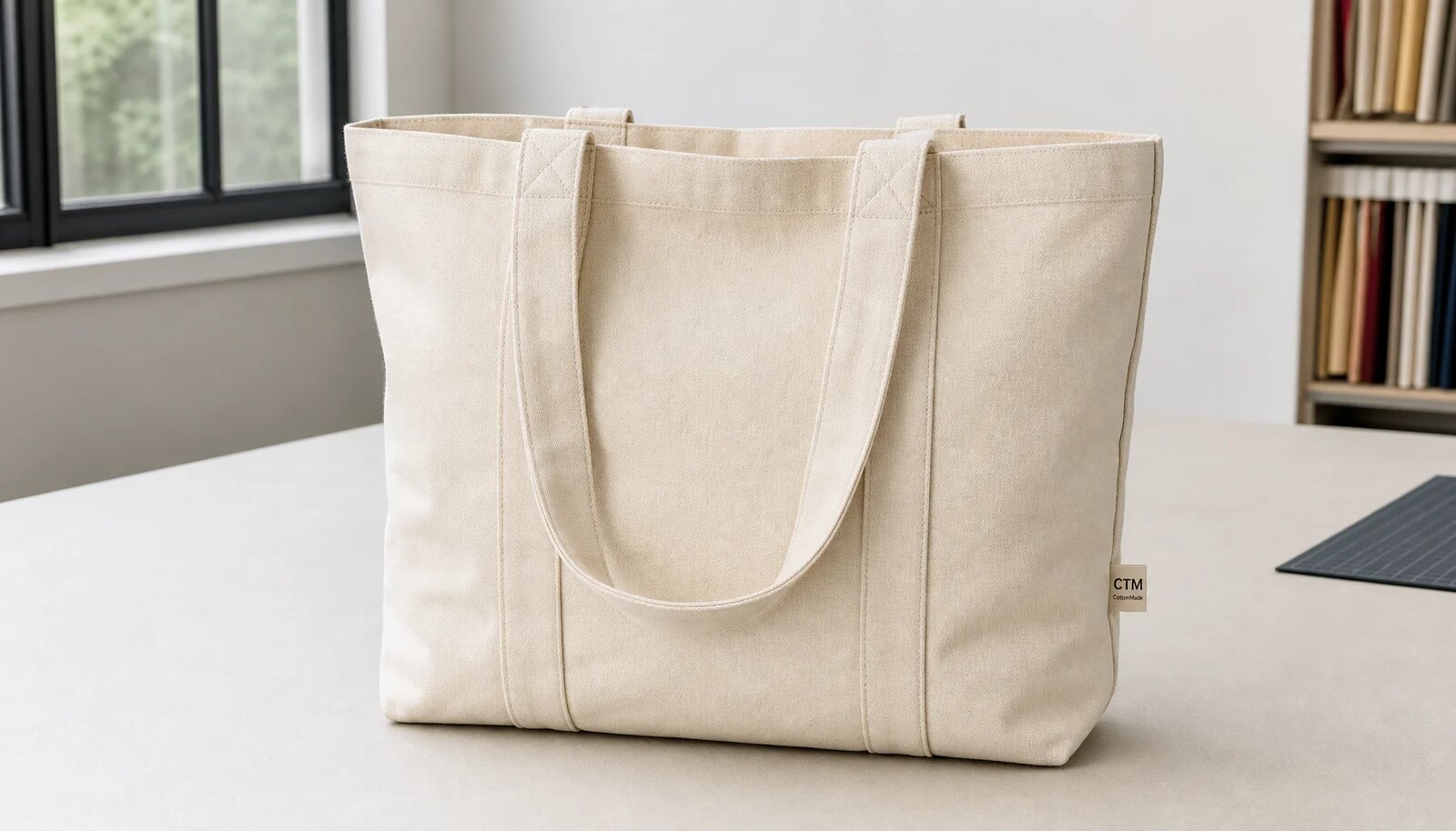 Canvas grocery tote sample with reinforced handles and a simple CTM/CottonToMaker logo in a clean factory sample room