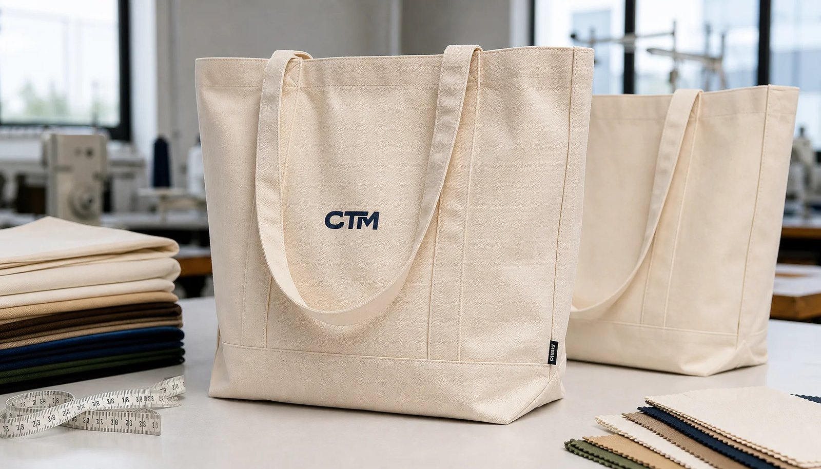 Natural canvas grocery tote sample with CTM CottonToMaker logo, reinforced handles, and fabric swatches