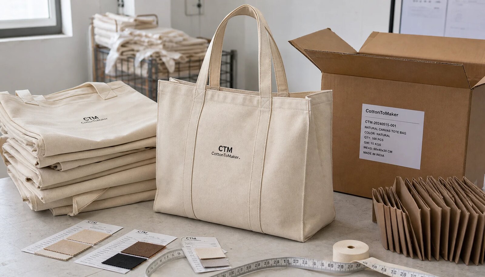 Canvas grocery totes with CTM sample logo arranged beside an export carton for packing review