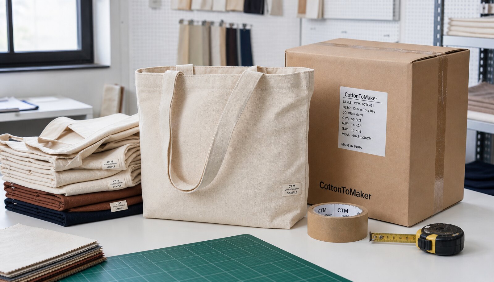Canvas grocery totes with a CTM sample logo in a factory sample room beside shipping cartons and packing materials
