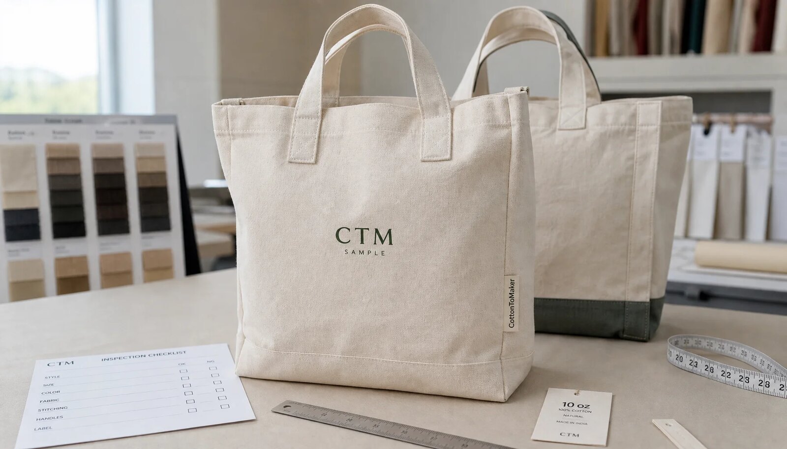 Natural cotton canvas grocery tote sample with reinforced handles, CTM logo, swatches, ruler, and QC checklist